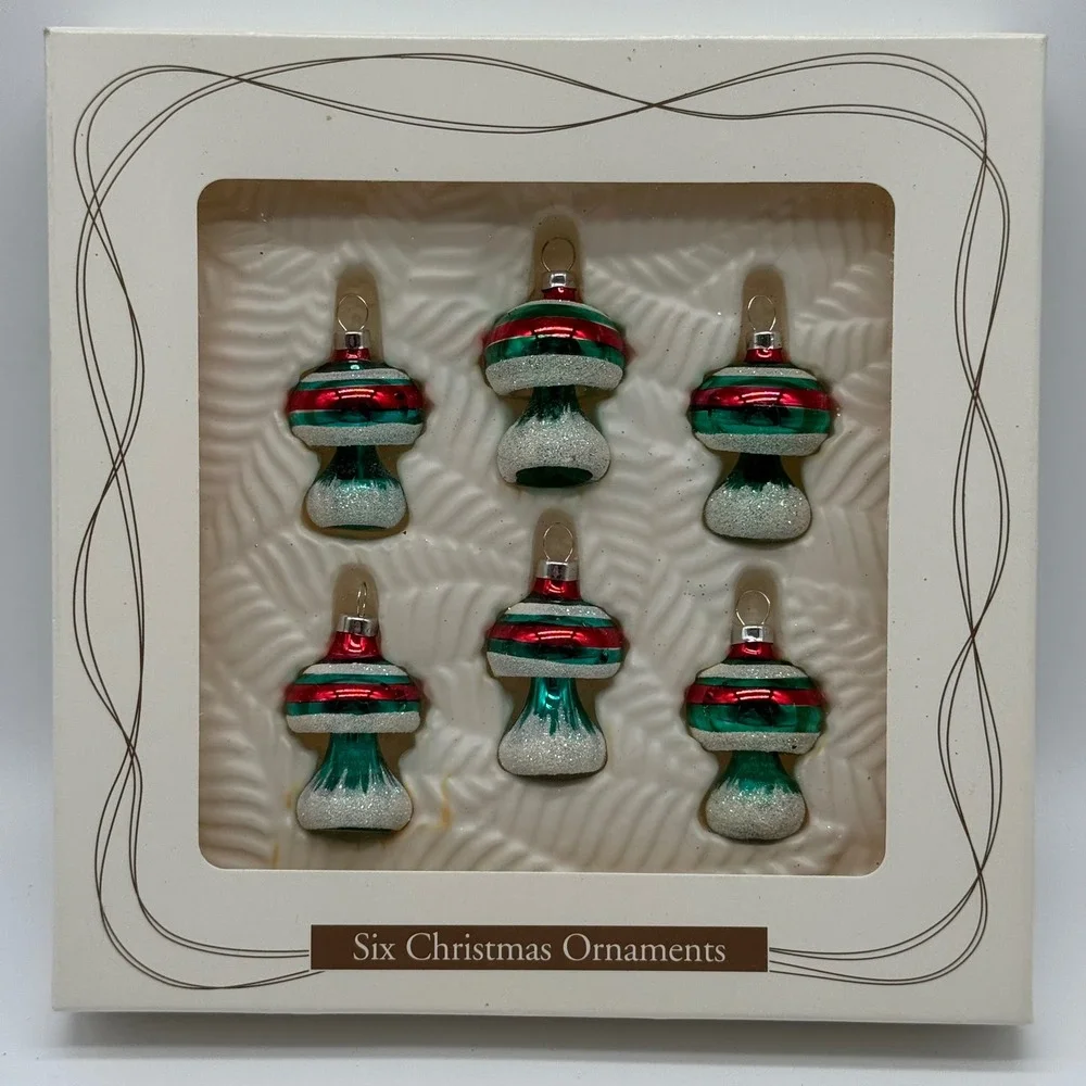 Vintage Bradford Dayton Hudson Glass Mushroom Ornaments Boxed Set 6 Kitsch